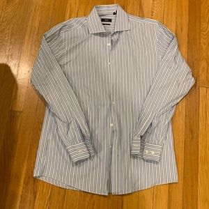 Hugo Boss Men's Blue + White Stripped Cotton Dress Shirt, Size 34/35,16 1/2